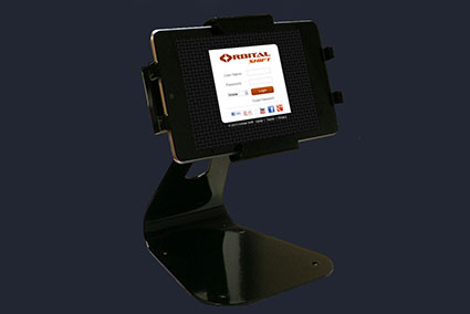 An online time clock software station with a mounted tablet.